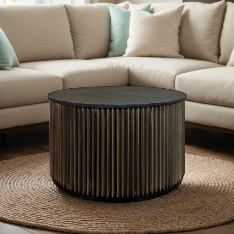 36 Inch Round Drum Coffee Table in Solid Wood with Black and Brass Aluminum Finish