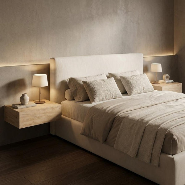 Set of Two Floating Wood Nightstands with Single Drawer for Modern Bedroom Wall Storage
