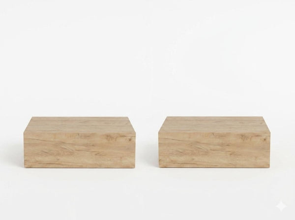 Set of Two Floating Wood Nightstands with Single Drawer for Modern Bedroom Wall Storage