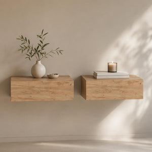 Set of Two Floating Wood Nightstands with Single Drawer for Modern Bedroom Wall Storage
