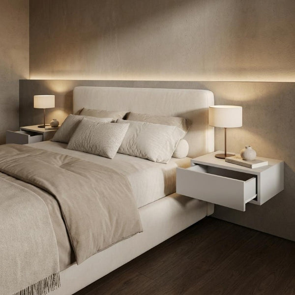 Set of Two Floating Wood Nightstands with Single Drawer for Modern Bedroom Wall Storage