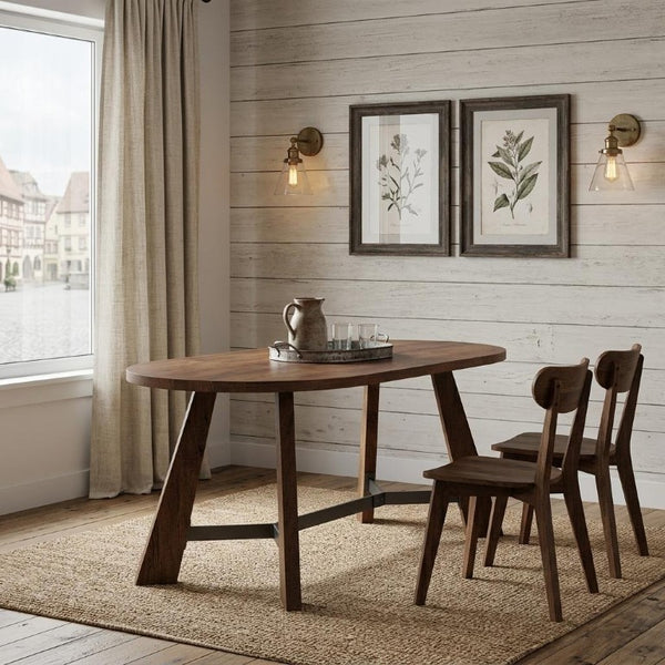 71 Inch Oval Wood Trestle Base Dining Table for Stylish Formal Gatherings Seating Six