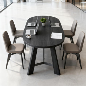 71 Inch Oval Wood Trestle Base Dining Table for Stylish Formal Gatherings Seating Six