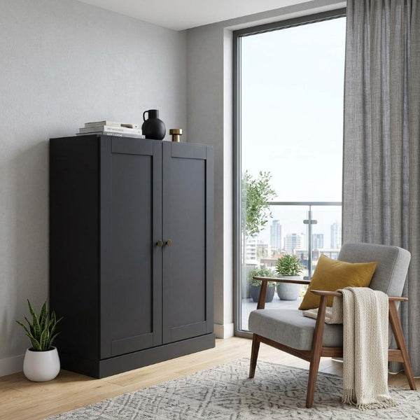 36 Inch Solid Wood Three Tier Adjustable Bookcase with Cabinet Doors for Home Library Storage