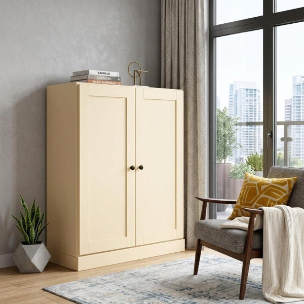 36 Inch Solid Wood Three Tier Adjustable Bookcase with Cabinet Doors for Home Library Storage
