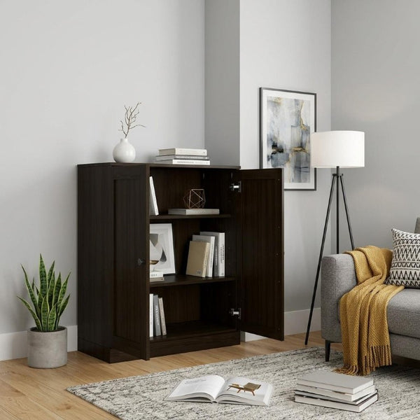 36 Inch Solid Wood Three Tier Adjustable Bookcase with Cabinet Doors for Home Library Storage