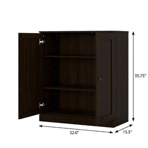 36 Inch Solid Wood Three Tier Adjustable Bookcase with Cabinet Doors for Home Library Storage
