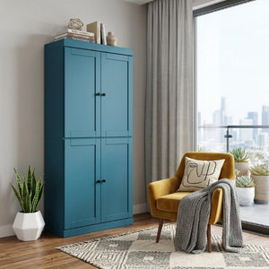 72 Inch Solid Wood Six Shelf Adjustable Bookcase with Four Cabinet Doors Teal Finish