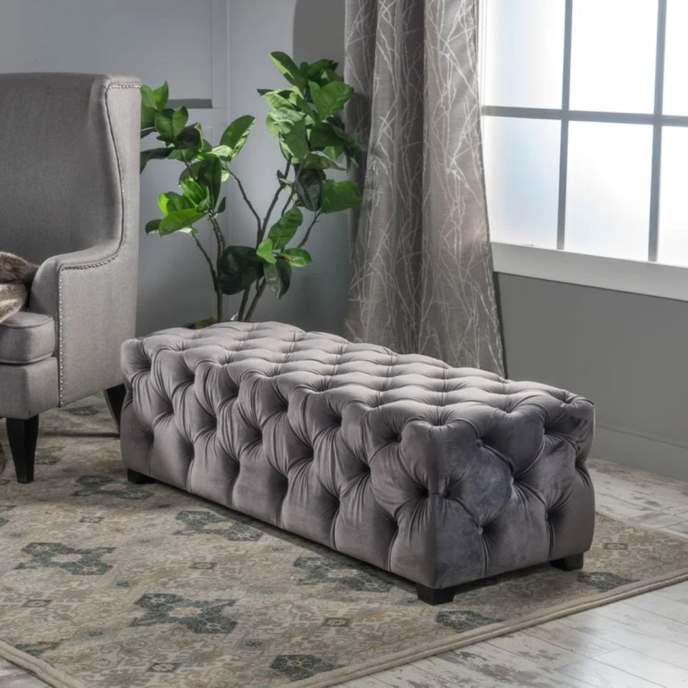 English Elm Ottoman Bench Velvet Tufted Diamond Stitch Glam Accent Seat for Living Room 74561.00GRY
