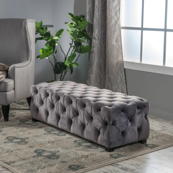 English Elm Ottoman Bench Velvet Tufted Diamond Stitch Glam Accent Seat for Living Room 74561.00GRY