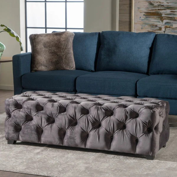 English Elm Ottoman Bench Velvet Tufted Diamond Stitch Glam Accent Seat for Living Room 74561.00GRY