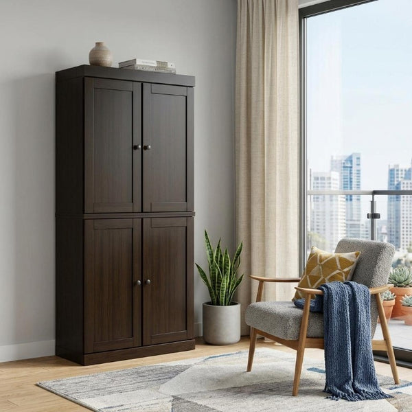 72 Inch Espresso Solid Wood Six Shelf Bookcase with Four Cabinet Doors for Home Library