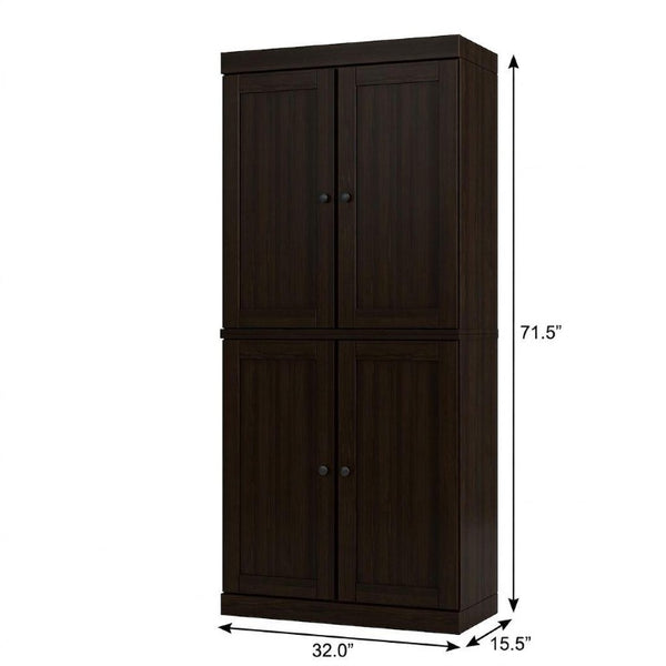 72 Inch Espresso Solid Wood Six Shelf Bookcase with Four Cabinet Doors for Home Library