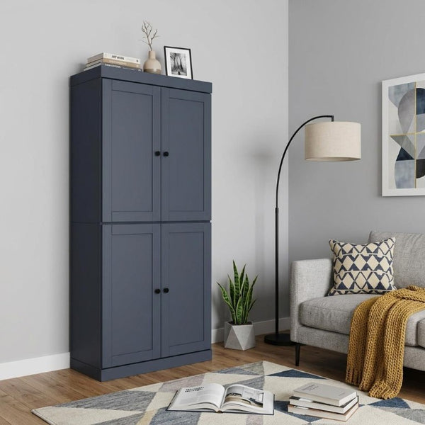 72 Inch Solid Wood Six Shelf Bookcase with Four Cabinet Doors in French Blue