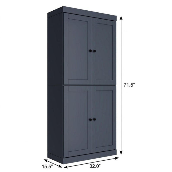 72 Inch Solid Wood Six Shelf Bookcase with Four Cabinet Doors in French Blue