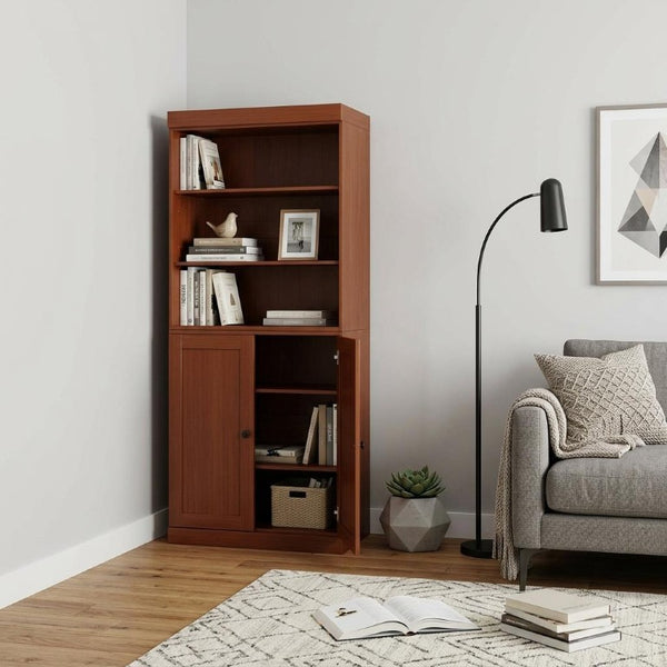 72 Inch Solid Wood Six Shelf Adjustable Bookcase with Cabinet Doors for Living Room