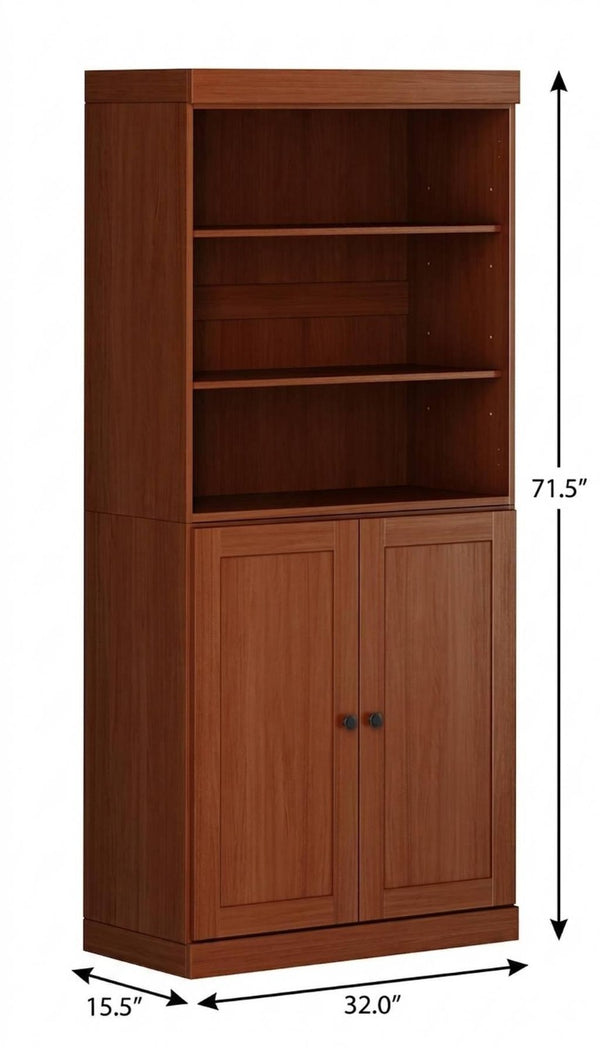 72 Inch Solid Wood Six Shelf Adjustable Bookcase with Cabinet Doors for Living Room