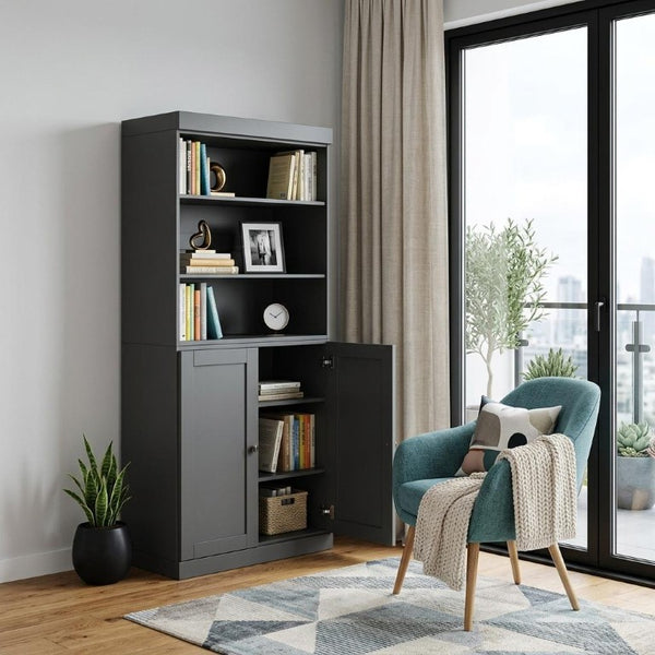 72 Inch Solid Wood Six Shelf Bookcase with Cabinet Doors for Study or Living Room