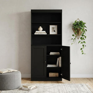 72 Inch Solid Wood Six Shelf Adjustable Library Bookcase with Cabinet Doors in Black
