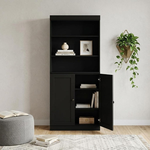 72 Inch Solid Wood Six Shelf Adjustable Library Bookcase with Cabinet Doors in Black
