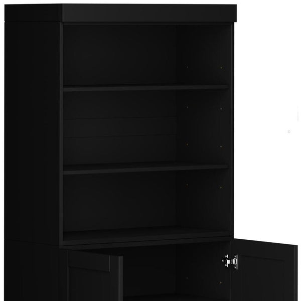 72 Inch Solid Wood Six Shelf Adjustable Library Bookcase with Cabinet Doors in Black