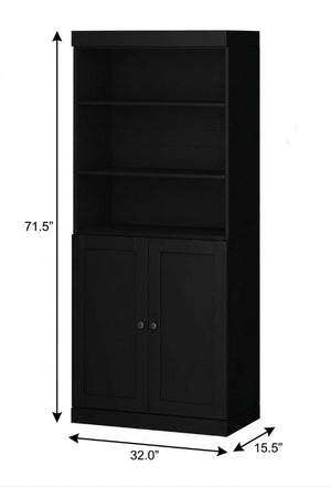 72 Inch Solid Wood Six Shelf Adjustable Library Bookcase with Cabinet Doors in Black