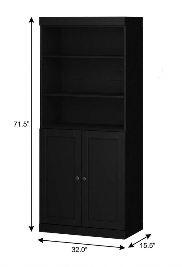 72 Inch Solid Wood Six Shelf Adjustable Library Bookcase with Cabinet Doors in Black