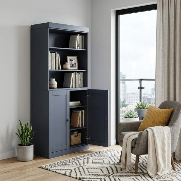 72 Inch Solid Wood Six Shelf Library Bookcase with Cabinet Doors French Style Home Storage