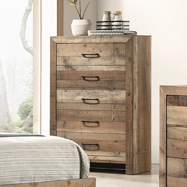 English Elm 1pc Plank Style Five Drawer Tall Chest Natural Wood Grain Finish Bedroom Storage B2741P484437