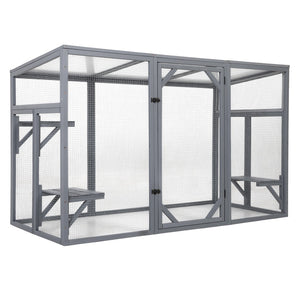 English Elm Outdoor Cedar Cat Enclosure with Polycarbonate Roof Three Platforms and Galvanized Mesh Run W2181P356206