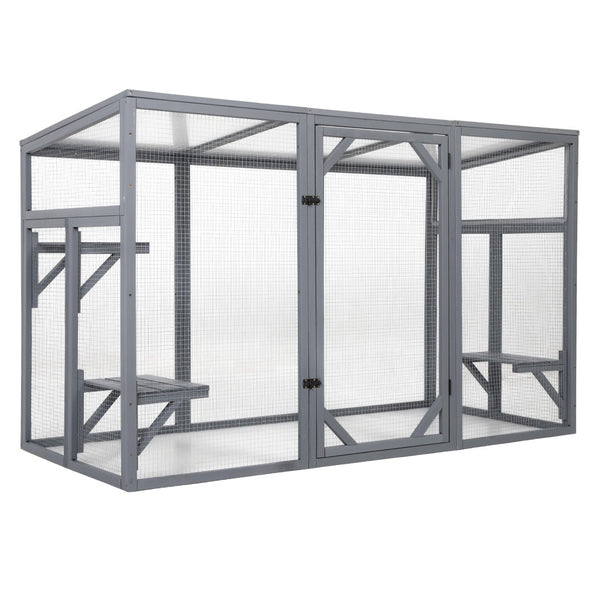 English Elm Outdoor Cedar Cat Enclosure with Polycarbonate Roof Three Platforms and Galvanized Mesh Run W2181P356206