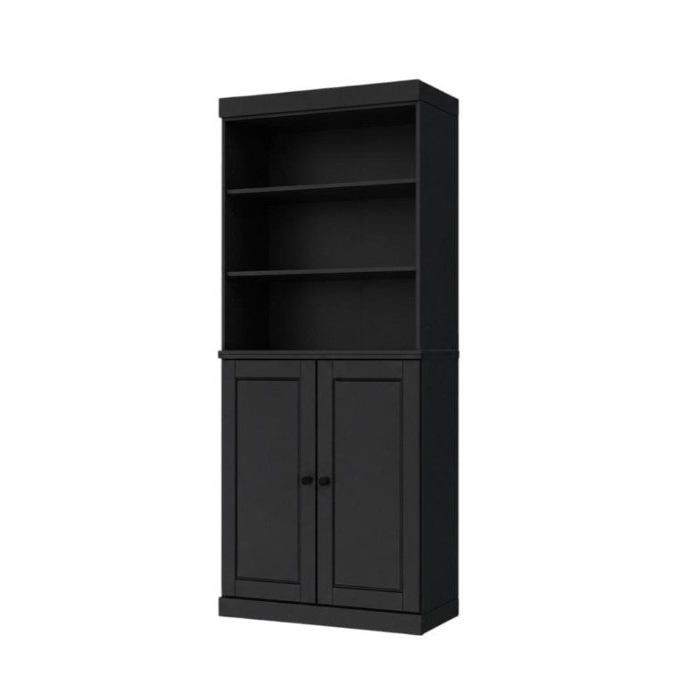 HomeRoots 72 Inch Black Solid Wood Six Shelf Bookcase with Cabinet Doors for Home Library 745677