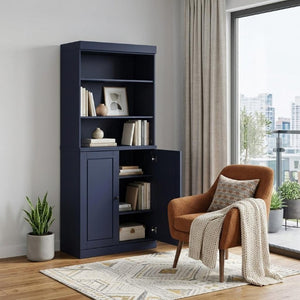 72 Inch Solid Wood Six Shelf Library Bookcase with Cabinet Doors for Living Room