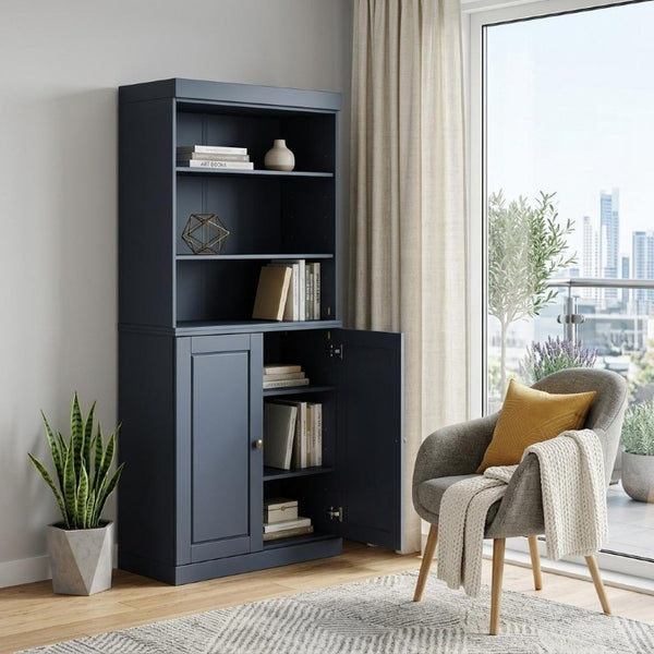 72 Inch Solid Wood Six Shelf Library Bookcase with Cabinet Doors French Style Home Storage