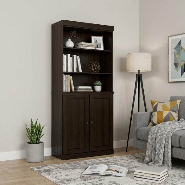 72 Inch Espresso Solid Wood Six Shelf Adjustable Bookcase with Cabinet Storage Doors