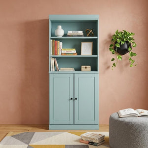 72 Inch Solid Wood Six Shelf Bookcase with Cabinet Doors Adjustable Aqua Storage