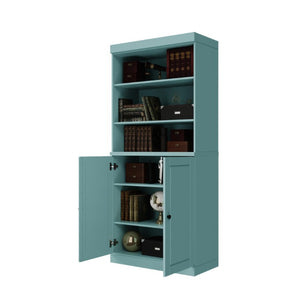 72 Inch Solid Wood Six Shelf Bookcase with Cabinet Doors Adjustable Aqua Storage