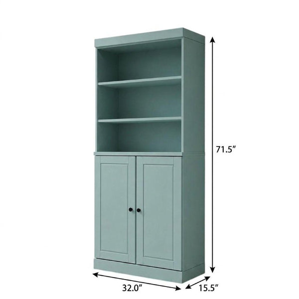 72 Inch Solid Wood Six Shelf Bookcase with Cabinet Doors Adjustable Aqua Storage