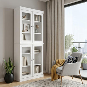 72 Inch Solid White Wood Six Shelf Bookcase with Four Cabinet Doors for Living Room