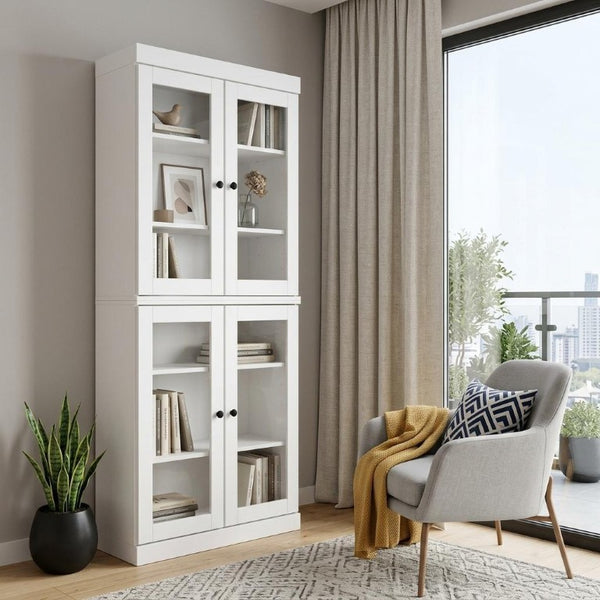 72 Inch Solid White Wood Six Shelf Bookcase with Four Cabinet Doors for Living Room