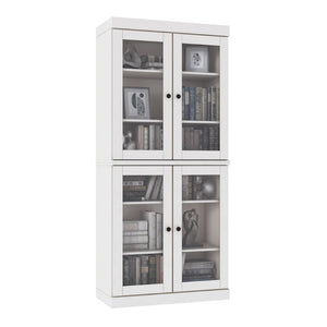 72 Inch Solid White Wood Six Shelf Bookcase with Four Cabinet Doors for Living Room