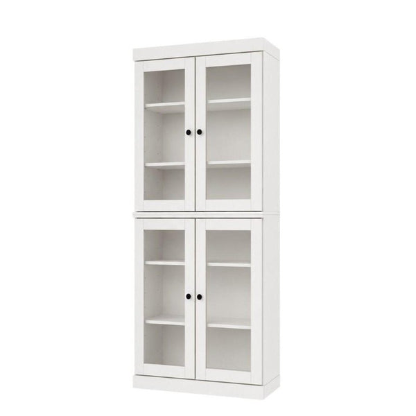 72 Inch Solid White Wood Six Shelf Bookcase with Four Cabinet Doors for Living Room