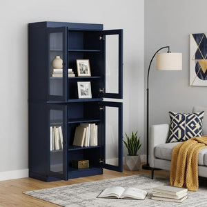 72 Inch Solid Wood Six Shelf Library Bookcase with Four Cabinet Doors Navy Finish