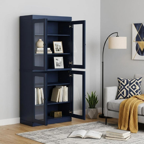 72 Inch Solid Wood Six Shelf Library Bookcase with Four Cabinet Doors Navy Finish