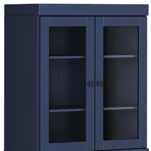 HomeRoots 72 Inch Solid Wood Six Shelf Library Bookcase with Four Cabinet Doors Navy Finish 745698