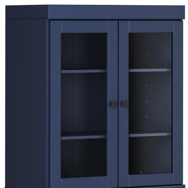 HomeRoots 72 Inch Solid Wood Six Shelf Library Bookcase with Four Cabinet Doors Navy Finish 745698