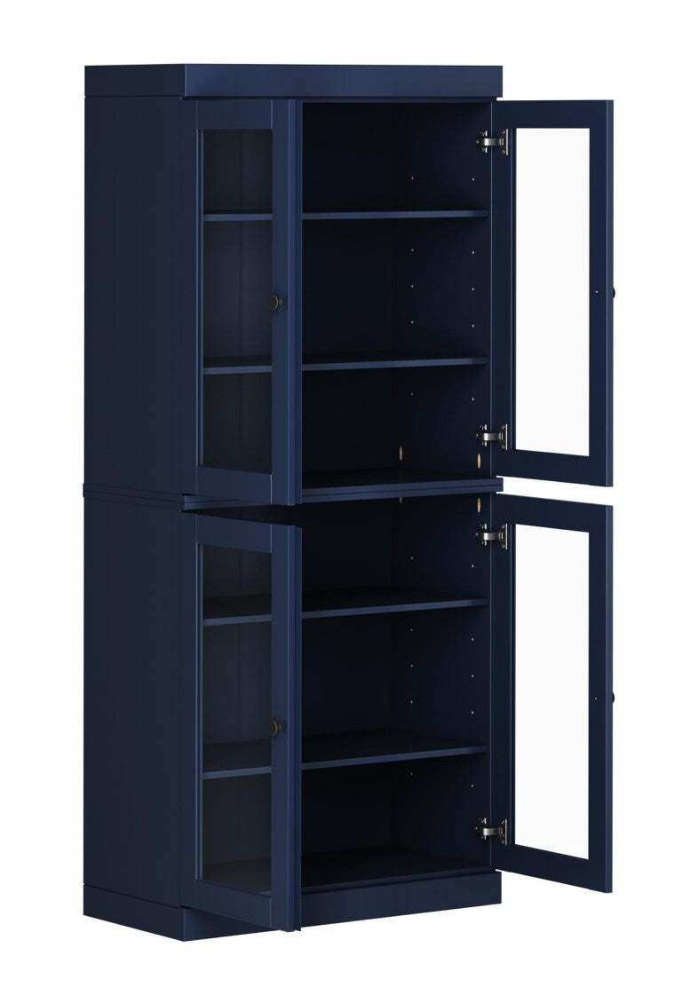 HomeRoots 72 Inch Solid Wood Six Shelf Library Bookcase with Four Cabinet Doors Navy Finish 745698