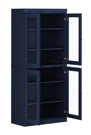 72 Inch Solid Wood Six Shelf Library Bookcase with Four Cabinet Doors Navy Finish