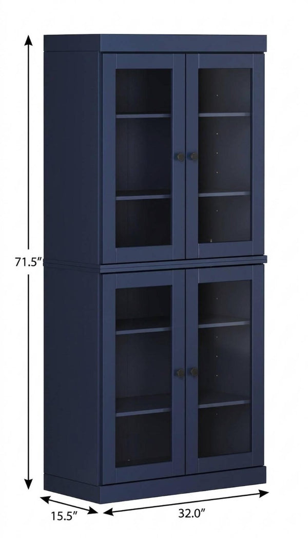 72 Inch Solid Wood Six Shelf Library Bookcase with Four Cabinet Doors Navy Finish
