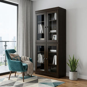 72 Inch Espresso Solid Wood Six Shelf Adjustable Bookcase with Four Cabinet Doors